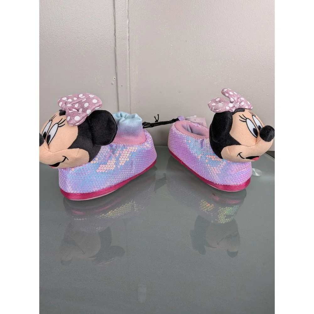 Disney Minnie Mouse Toddler Girls Sequin Plush Slippers Pink Iridescent Size 7/8